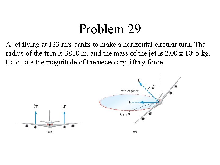 Problem 29 A jet flying at 123 m/s banks to make a horizontal circular