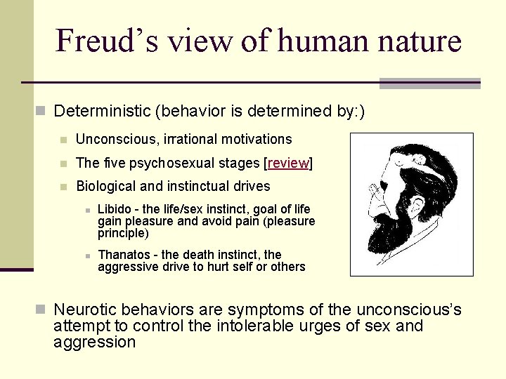 Freud’s view of human nature n Deterministic (behavior is determined by: ) n Unconscious,