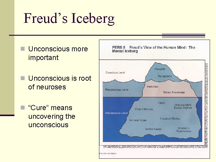 Freud’s Iceberg n Unconscious more important n Unconscious is root of neuroses n “Cure”