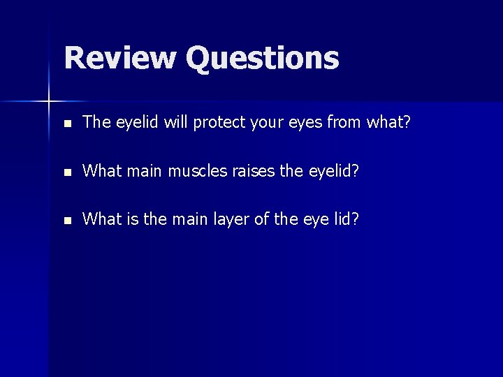 Review Questions n The eyelid will protect your eyes from what? n What main