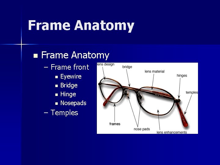 Frame Anatomy n Frame Anatomy – Frame front n n Eyewire Bridge Hinge Nosepads