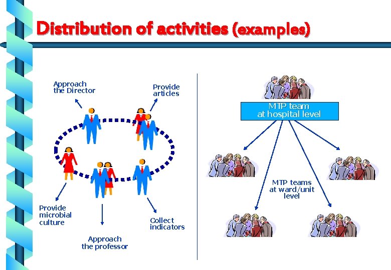 Distribution of activities (examples) Approach the Director Provide articles MTP team at hospital level