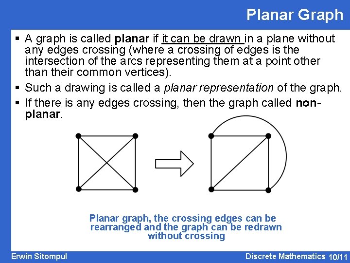 Planar Graph § A graph is called planar if it can be drawn in