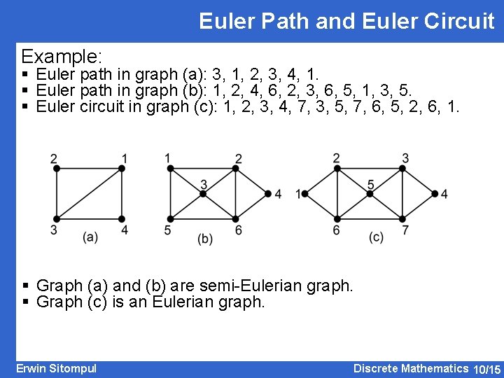 Euler Path and Euler Circuit Example: § Euler path in graph (a): 3, 1,