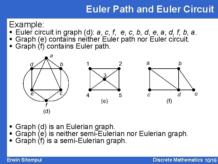 Euler Path and Euler Circuit Example: § Euler circuit in graph (d): a, c,
