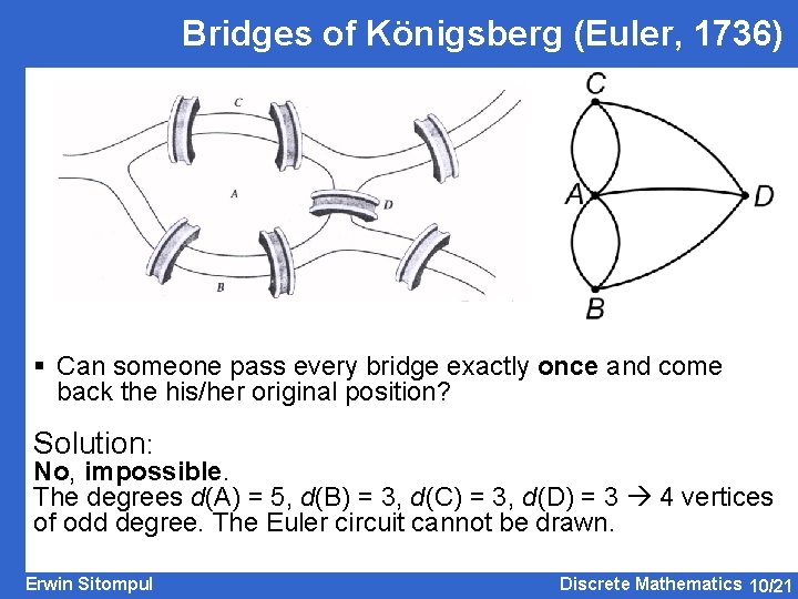 Bridges of Königsberg (Euler, 1736) § Can someone pass every bridge exactly once and