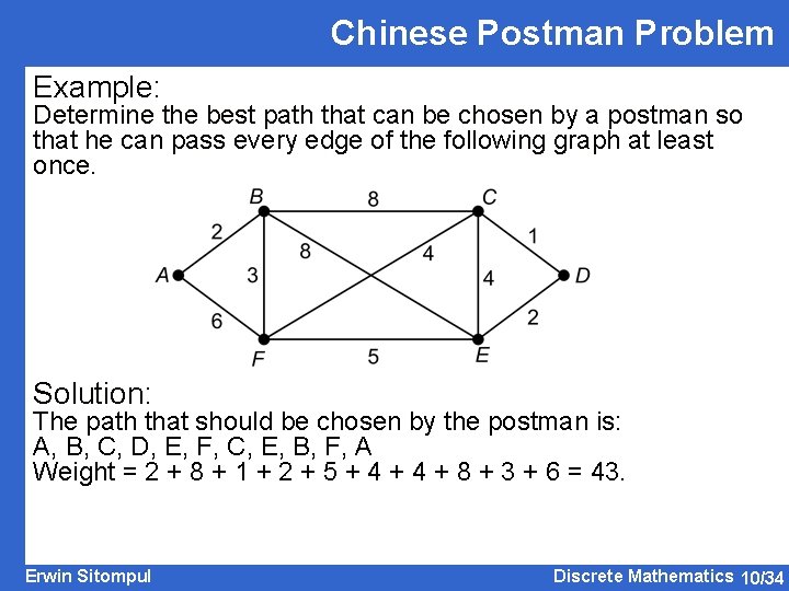 Chinese Postman Problem Example: Determine the best path that can be chosen by a