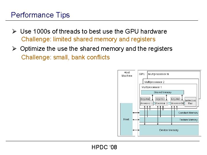 Performance Tips Ø Use 1000 s of threads to best use the GPU hardware
