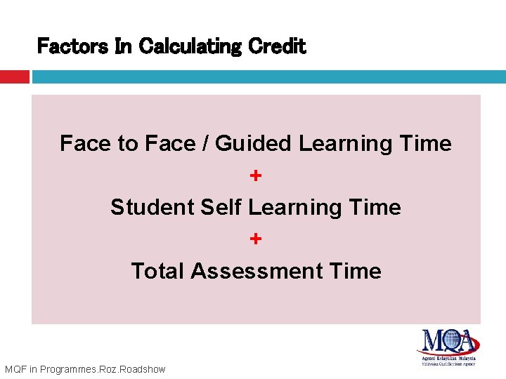 Factors In Calculating Credit Face to Face / Guided Learning Time + Student Self