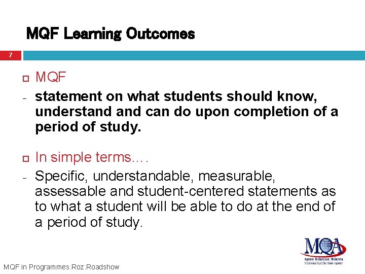 MQF Learning Outcomes 7 – – MQF statement on what students should know, understand