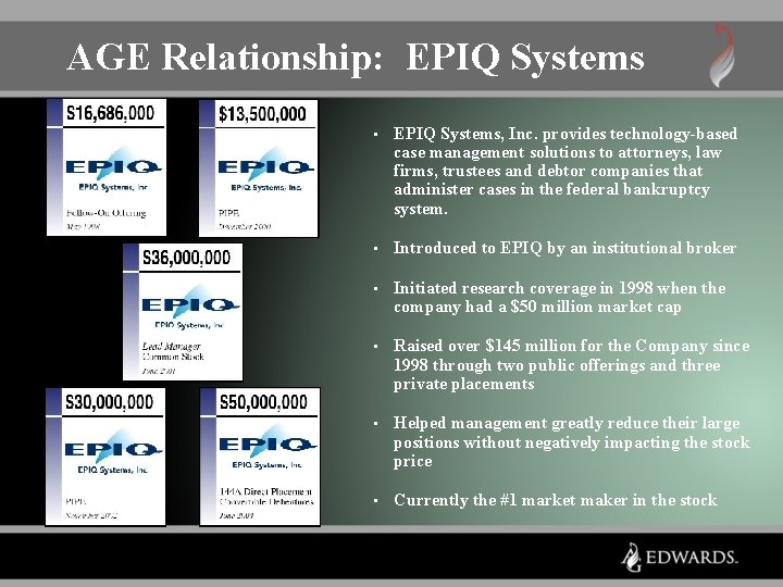 AGE Relationship: EPIQ Systems • EPIQ Systems, Inc. provides technology-based case management solutions to