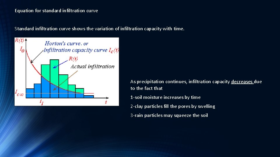 Equation for standard infiltration curve Standard infiltration curve shows the variation of infiltration capacity