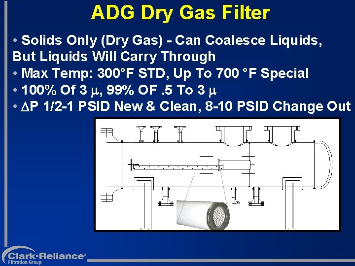 ADG Dry Gas Filter • Solids Only (Dry Gas) - Can Coalesce Liquids, But