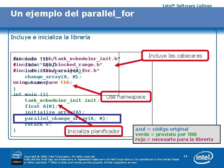 Intel® Software College Un ejemplo del parallel_for Incluye e inicializa la librería Incluye las Intel® Software College Un ejemplo del parallel_for Incluye e inicializa la librería Incluye las
