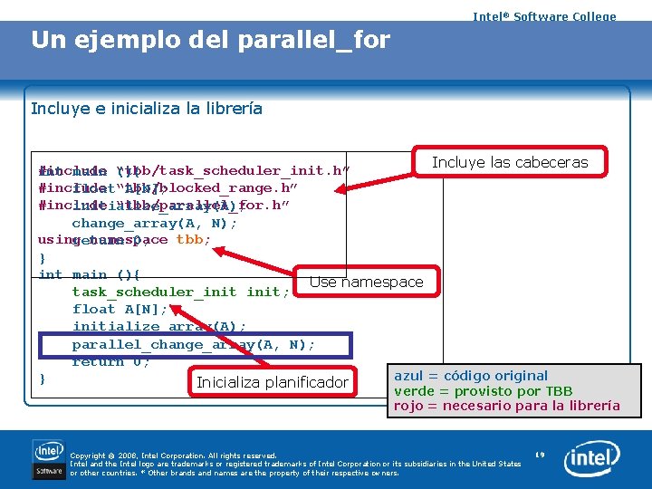 Intel® Software College Un ejemplo del parallel_for Incluye e inicializa la librería Incluye las