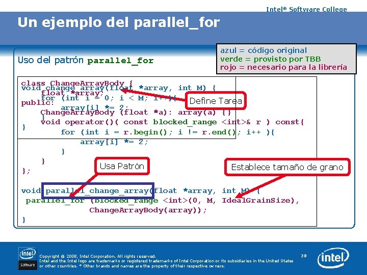 Intel® Software College Un ejemplo del parallel_for Uso del patrón parallel_for azul = código