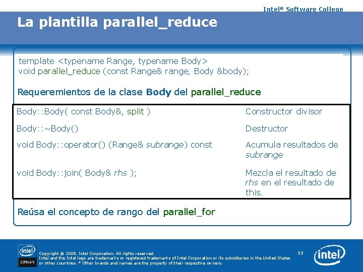 Intel® Software College La plantilla parallel_reduce template <typename Range, typename Body> void parallel_reduce (const