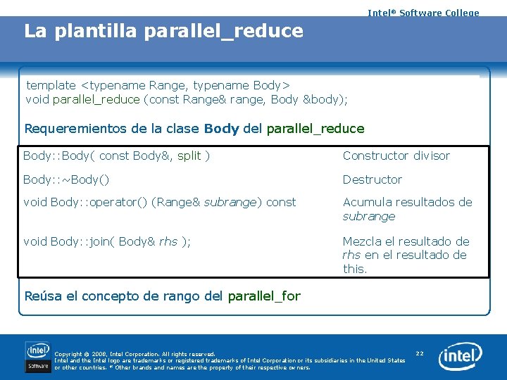 Intel® Software College La plantilla parallel_reduce template <typename Range, typename Body> void parallel_reduce (const Intel® Software College La plantilla parallel_reduce template <typename Range, typename Body> void parallel_reduce (const