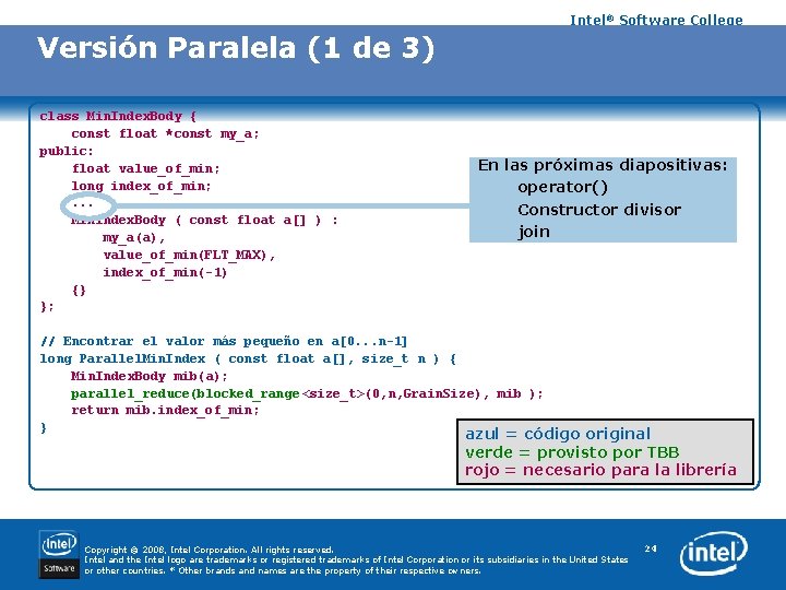 Intel® Software College Versión Paralela (1 de 3) class Min. Index. Body { const