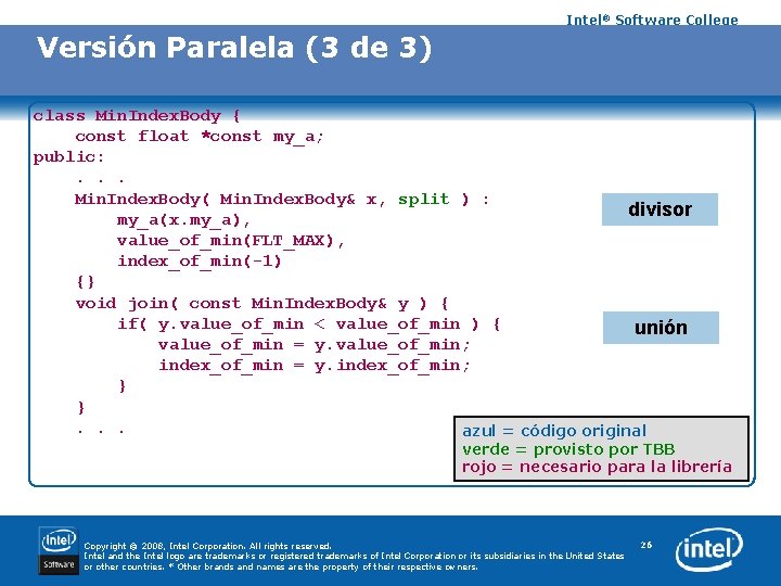 Intel® Software College Versión Paralela (3 de 3) class Min. Index. Body { const