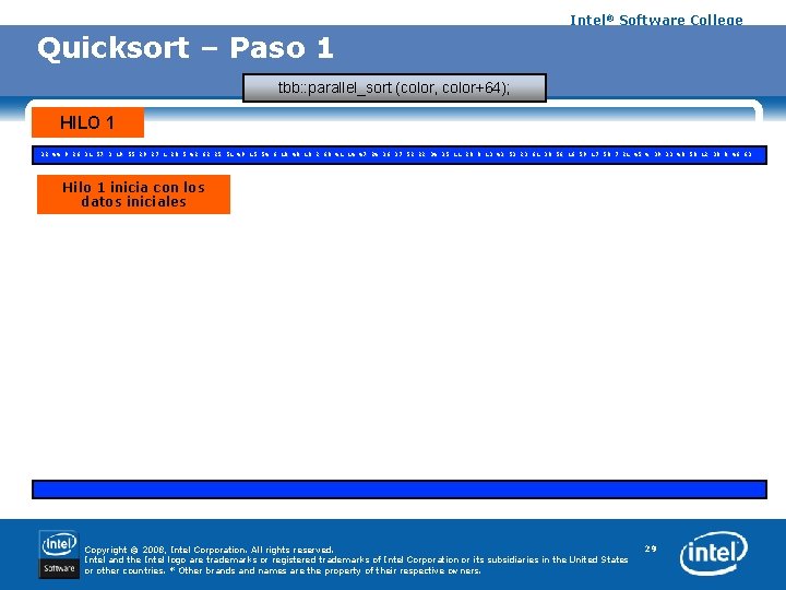 Intel® Software College Quicksort – Paso 1 tbb: : parallel_sort (color, color+64); HILO 1