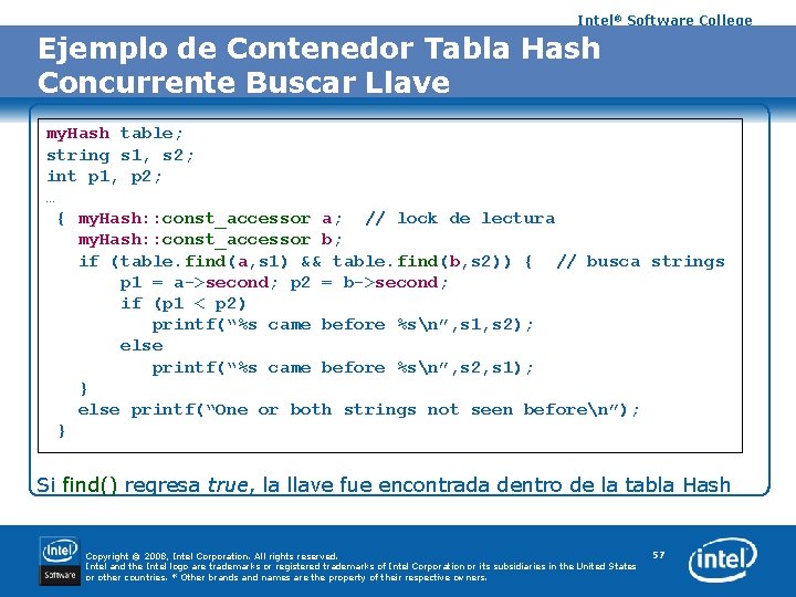 Intel® Software College Ejemplo de Contenedor Tabla Hash Concurrente Buscar Llave my. Hash table;