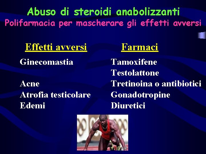 Abuso di steroidi anabolizzanti Polifarmacia per mascherare gli effetti avversi Effetti avversi Ginecomastia Acne