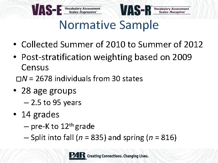 Normative Sample • Collected Summer of 2010 to Summer of 2012 • Post-stratification weighting