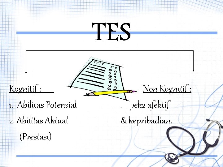 TES Kognitif : 1. Abilitas Potensial 2. Abilitas Aktual (Prestasi) Non Kognitif : Aspek