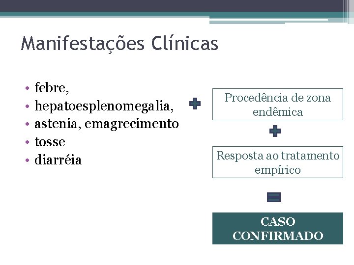 Manifestações Clínicas • • • febre, hepatoesplenomegalia, astenia, emagrecimento tosse diarréia Procedência de zona