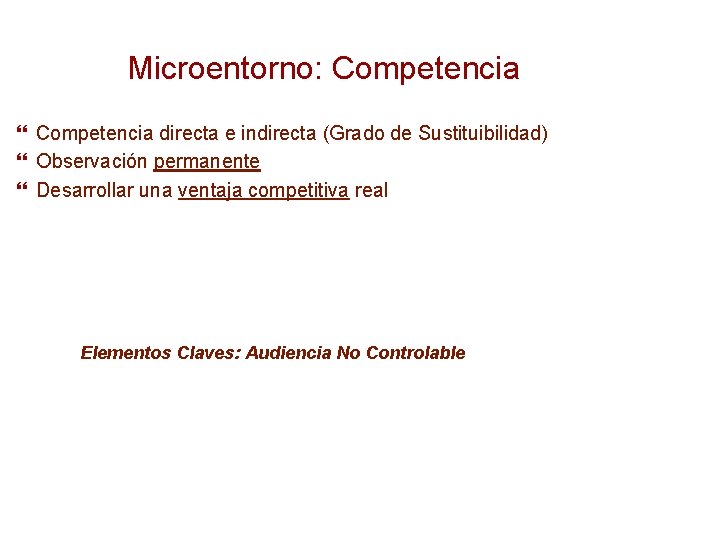 Microentorno: Competencia directa e indirecta (Grado de Sustituibilidad) Observación permanente Desarrollar una ventaja competitiva Microentorno: Competencia directa e indirecta (Grado de Sustituibilidad) Observación permanente Desarrollar una ventaja competitiva