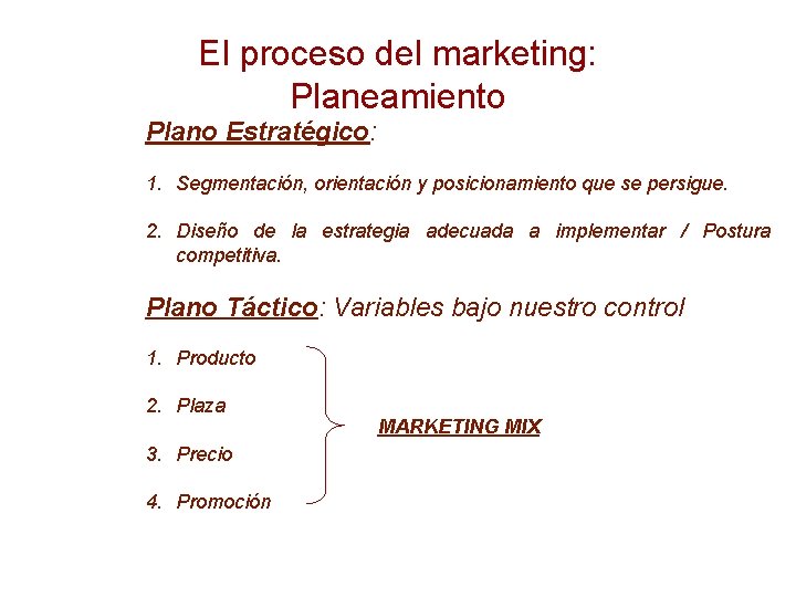El proceso del marketing: Planeamiento Plano Estratégico: 1. Segmentación, orientación y posicionamiento que se