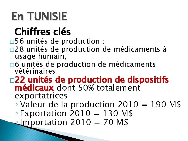 En TUNISIE Chiffres clés � 56 unités de production : � 28 unités de