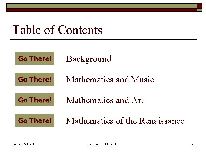 Table of Contents Go There! Background Go There! Mathematics and Music Go There! Mathematics