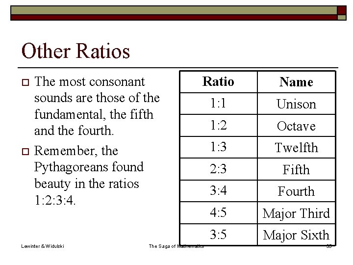 Other Ratios o o The most consonant sounds are those of the fundamental, the