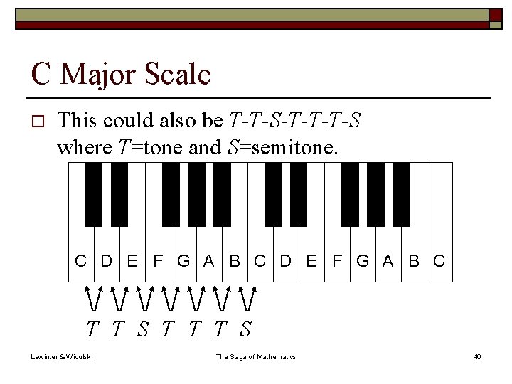 C Major Scale o This could also be T-T-S-T-T-T-S where T=tone and S=semitone. C