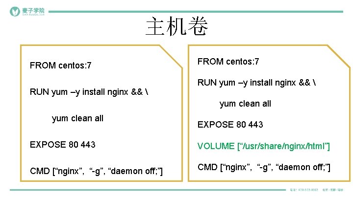 主机卷 FROM centos: 7 RUN yum –y install nginx &&  yum clean all