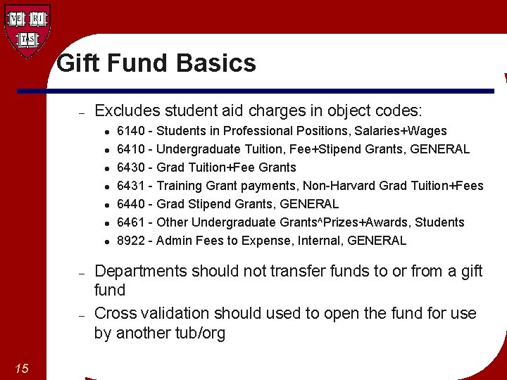 Gift Fund Basics – Excludes student aid charges in object codes: l l l