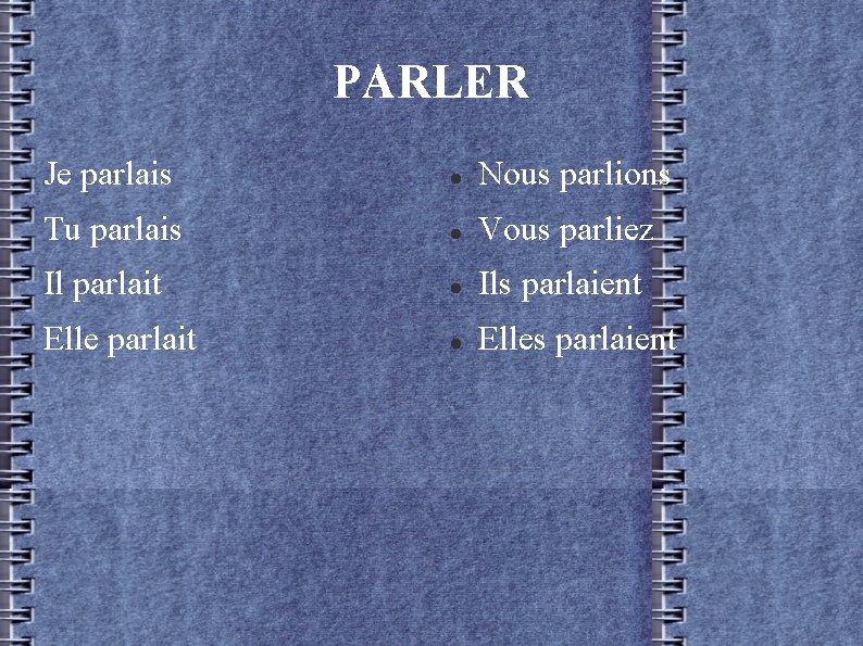 PARLER Je parlais Nous parlions Tu parlais Vous parliez Il parlait Ils parlaient Elle