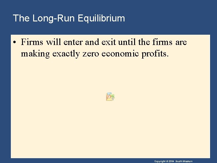 The Long-Run Equilibrium • Firms will enter and exit until the firms are making