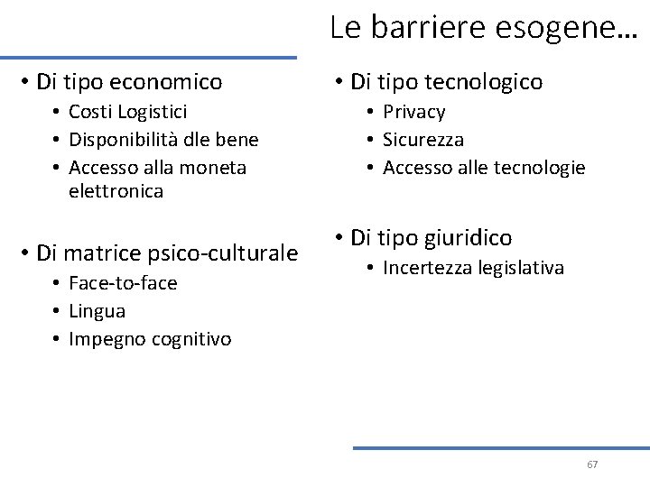 Le barriere esogene… • Di tipo economico • Costi Logistici • Disponibilità dle bene Le barriere esogene… • Di tipo economico • Costi Logistici • Disponibilità dle bene