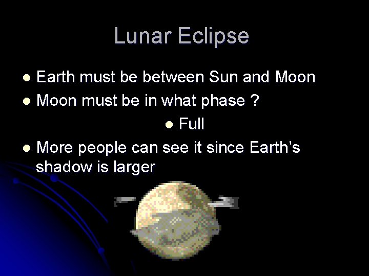 Lunar Eclipse Earth must be between Sun and Moon l Moon must be in