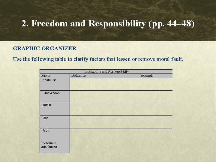 2. Freedom and Responsibility (pp. 44– 48) GRAPHIC ORGANIZER Use the following table to 2. Freedom and Responsibility (pp. 44– 48) GRAPHIC ORGANIZER Use the following table to