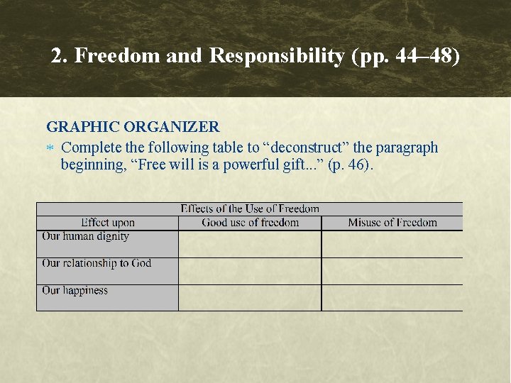 2. Freedom and Responsibility (pp. 44– 48) GRAPHIC ORGANIZER Complete the following table to 2. Freedom and Responsibility (pp. 44– 48) GRAPHIC ORGANIZER Complete the following table to