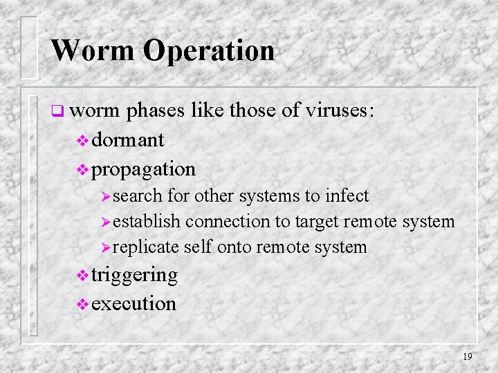 Worm Operation q worm phases like those of viruses: vdormant vpropagation Ø search for