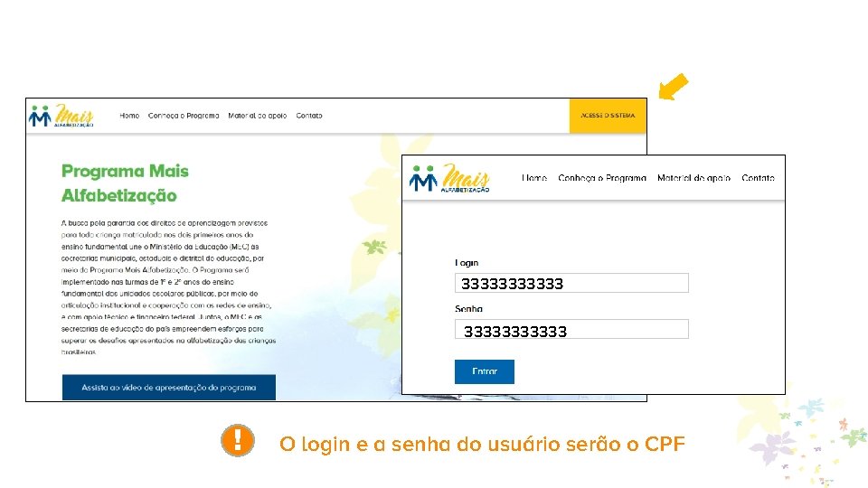 Ø 33333333333 ! O login e a senha do usuário serão o CPF 