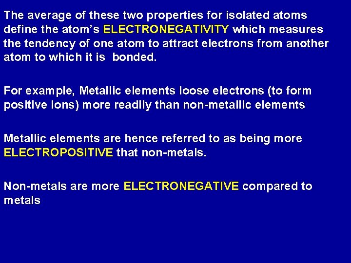 The average of these two properties for isolated atoms define the atom’s ELECTRONEGATIVITY which The average of these two properties for isolated atoms define the atom’s ELECTRONEGATIVITY which