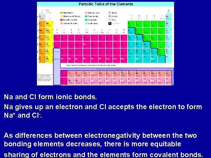 Na and Cl form ionic bonds. Na gives up an electron and Cl accepts