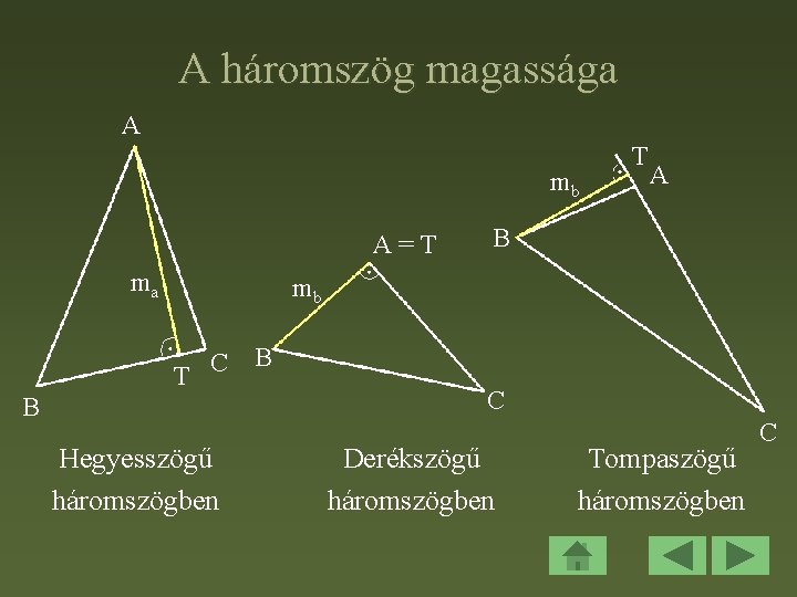 A háromszög magassága A mb A=T ma T A B mb B C T