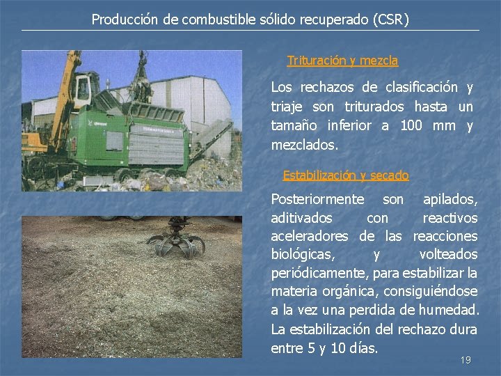 Producción de combustible sólido recuperado (CSR) Trituración y mezcla Los rechazos de clasificación y